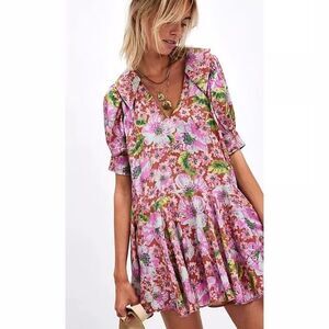 Free People Moon Chaser Pink Floral Puff Sleeve Mini Dress Boho Cottagecore XS